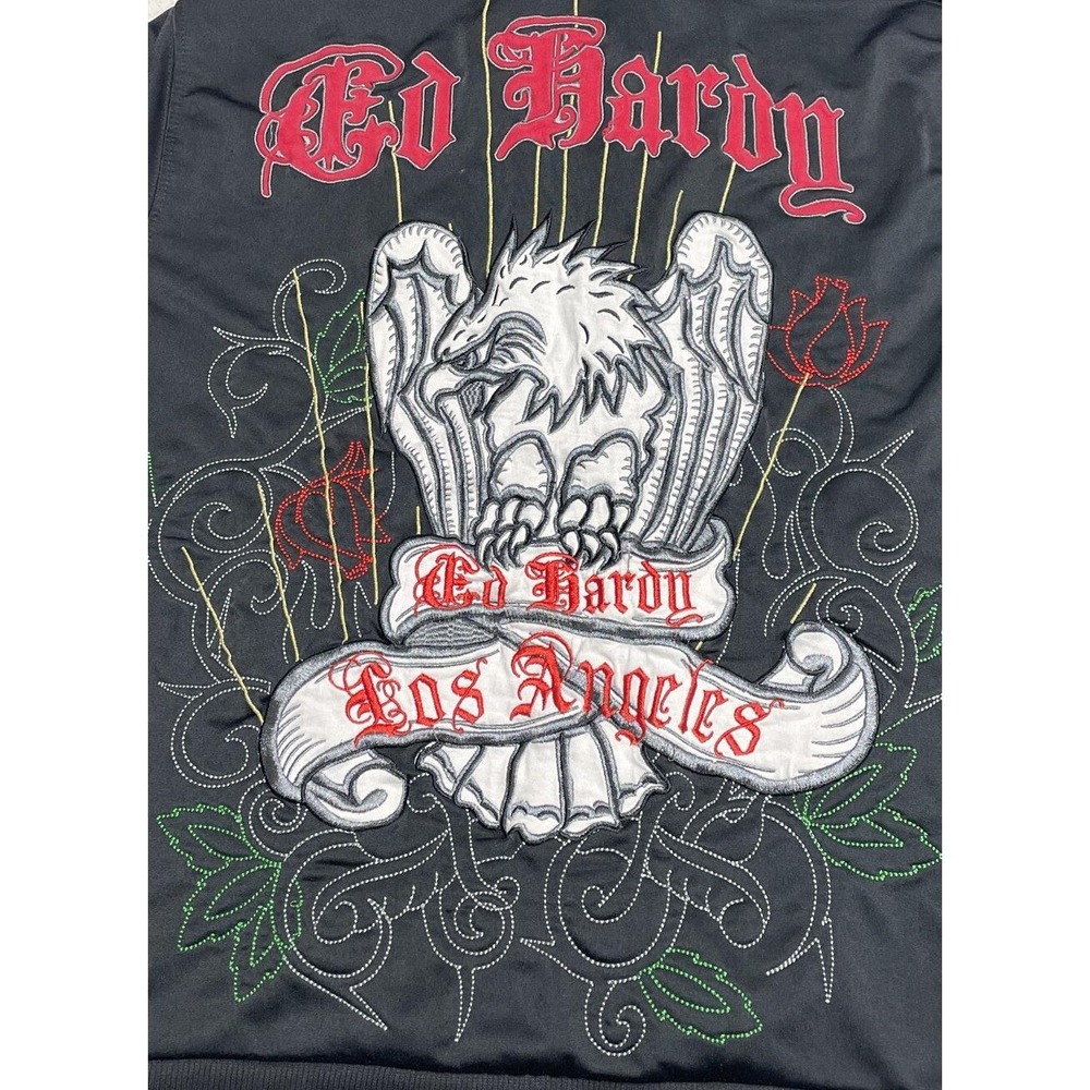 Ed Hardy Jacket Mens Large Black Full Zip LA Graphic Audigier Hooded Vintage